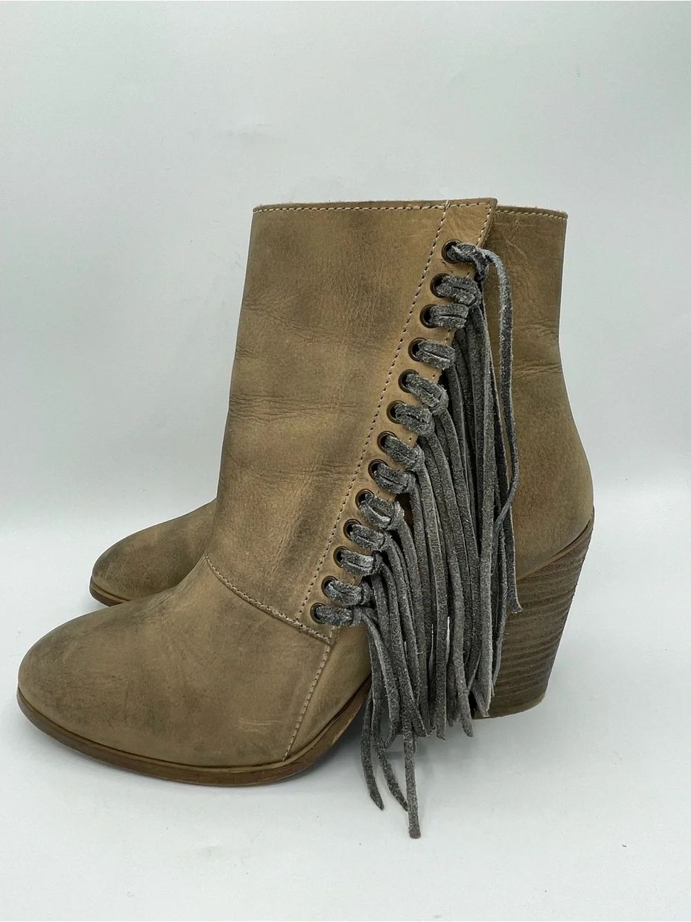 Diba True Jilly Ann Fringe Leather Ankle Boots in Taupe/Tan.